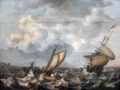 Smallschip and frigate in stormy waters. by Simon de Vlieger