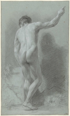 Staand mannelijk naakt met opgeheven wijzende rechterarm, op de rug gezien by Jean Grandjean