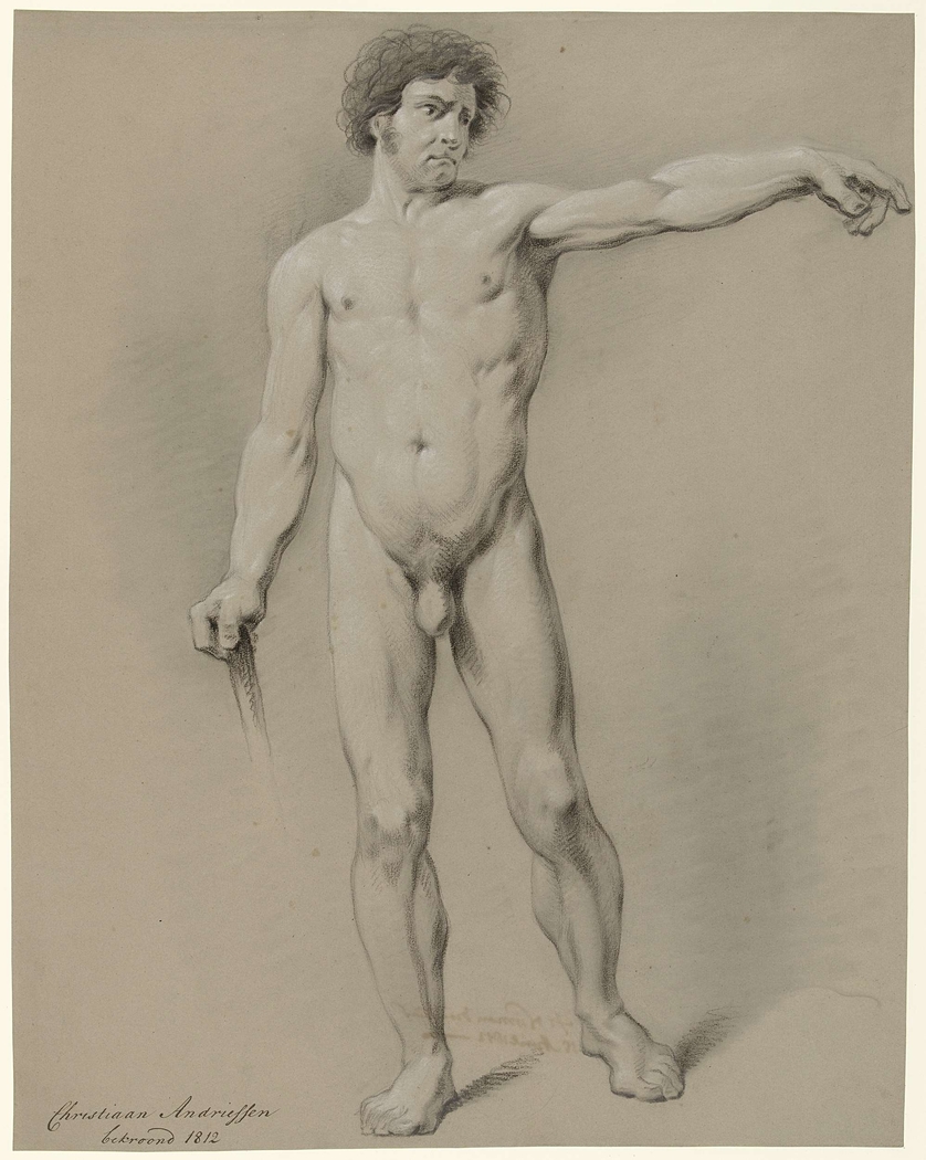 Staand mannelijk naakt, van voren, de linkerarm gestrekt naar links