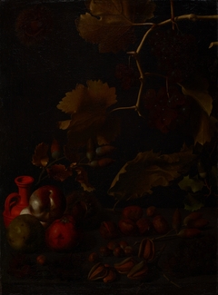 Still life with grapes, apples, chestnuts, almonds, acorns and a red clay bottle by Juan Fernández el Labrador