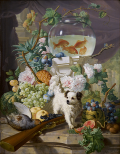 Stilleven met bloemen, fruit en een hond by Abraham van Strij