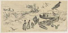 Studieblad met jagers, vissersschepen, vogels en schelpen by Rodolphe Bresdin