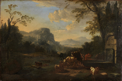 Südliche Gebirgslandschaft mit Hirt und Herde am Brunnen by Johann Franz Ermels