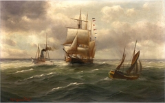 Tall ship, steamship and cutter on the high seas by Alfred Jensen