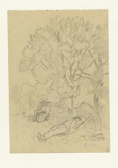 Tekenende vrouw en liggende man in een landschap by Jozef Israëls