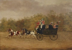 The London to Windsor Stage Coach, ‘The Royal George’,  travelling past a Wooded Landscape by attributed to William Heath
