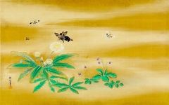Three Butterflies and a Bee Amid Wild Daisies and Violets by Kanō Tanshin