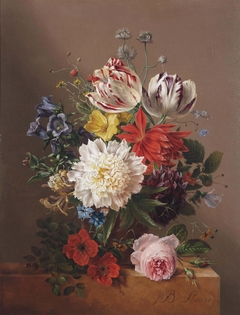 Tulips, roses, peonies and other flowers in a vase on a stone ledge by Maria Geertruida Snabilie