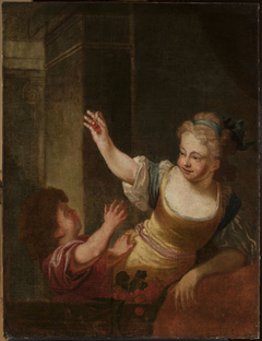 Two children playing with dark cherries by Malarz francuski XVIII w