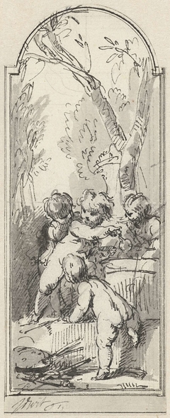 Vier putti met palet en penselen in bossage by Jacob de Wit