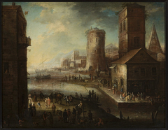 View of a port town by Adriaen Frans Boudewyns