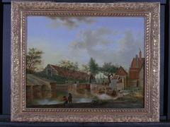 Village view with a sluice and fishermen by Johann Jacob Koller