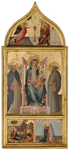 Virgin and Child Enthroned with Saint Peter Martyr and Saint Francis.  Lunette: Annunciation; Predella: Nativity and Annunciation to the Shepherds, Visitation by Master of the Bargello Tondo