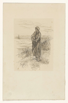Vissersvrouw met kind op de arm aan het strand by Jozef Israëls