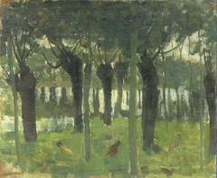 Willow grove near the water with chickens by Piet Mondrian