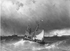 Woelige zee, op de voorgrond een vissersschip by Louis Meijer