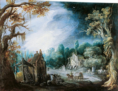 Wooded landscape with architecture and figures by Pieter Stalpaert