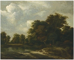 Wooded landscape with travellers on a track by a river