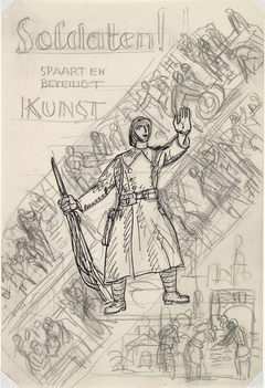 Zonder titel Ontwerpschets affiche voor propaganda kunstbescherming in het leger, schets van soldaat met op de achtergrond twee diagonale friezen by Leo Gestel