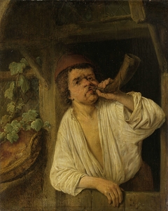 A baker blowing his horn by Adriaen van Ostade