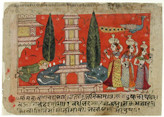 A man climbing on the side of a palace spies gopis across a pond with a pagoda by Anonymous