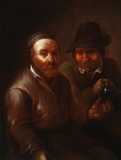 A Man holding a Goblet with a Man Smoking