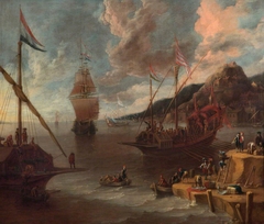 A Mediterranean harbour scene by Lorenzo a Castro