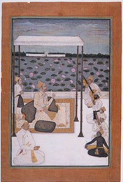 A nobleman listens to music under a canopy on a terrace by a lake by Anonymous