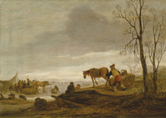 A winter landscape with figures on a frozen river