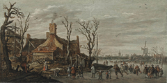 A winter landscape with skaters, elegant figures and kolf players on the ice in a village by Jan van Goyen