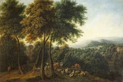 A Wooded Landscape with Peasants and Herdsfolk resting under Trees near a Monument by Italo-Flemish School