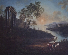 An Evening Landscape with an Estuary and a Ruined Temple