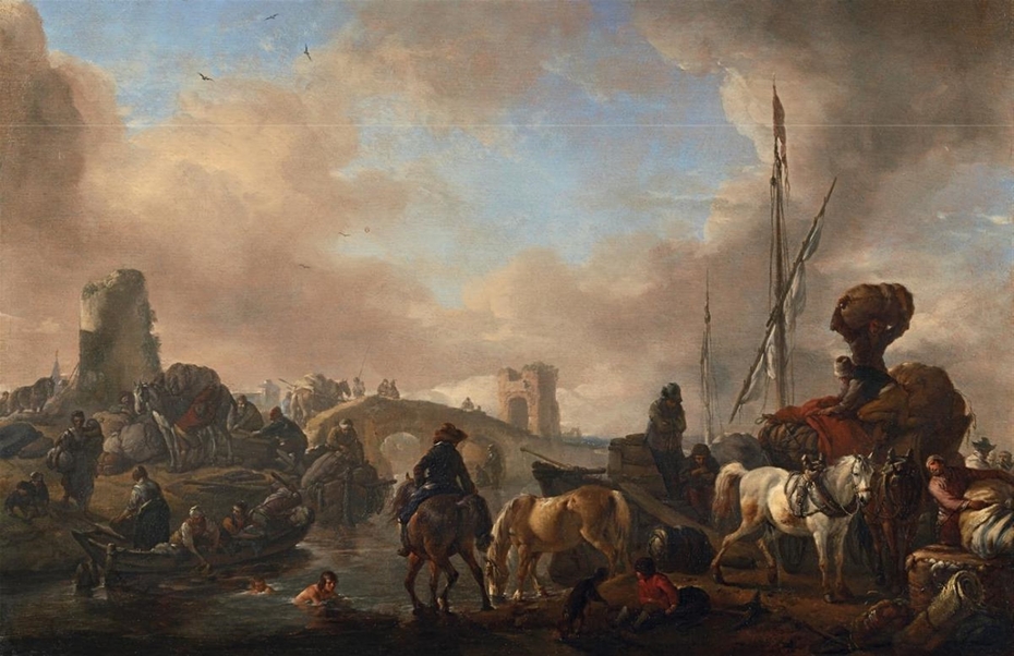 An Italianate Landscape with Bathers swimming in a River and a Party of Men unloading a Vessel