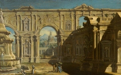 Architectural Capriccio with Figures and two Washerwomen near a Fountain and St Peter's, Rome behind by Anonymous