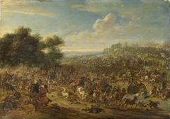 Battle near a bridge by Adam Frans van der Meulen