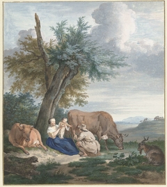 Boerin en boer met kind in een landschap met vee by Aert Schouman