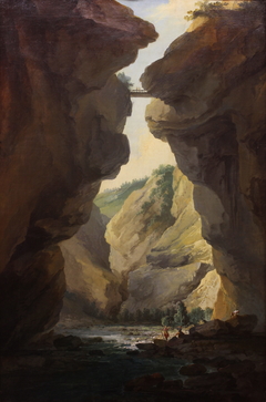 Bridge and gorges of Dala river in Leuekerbad, view towards the mountain by Caspar Wolf