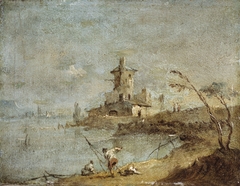 Caprice rustique, avec tour au bord de l'eau by Francesco Guardi