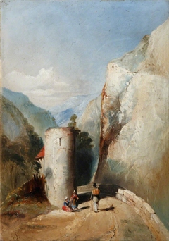 Castle Turret in Mountainous Terrain with Three Figures in the foreground