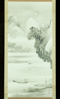 Chinese-style Landscape with Man Fishing from a Boat by Moonlight [right of a triptych]