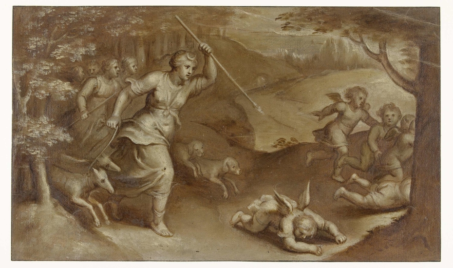 Diana verjaagt Cupido en zijn helpers die haar probeerden te strikken