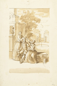 Dichterkroning: twee dames bekransen een zittende man in een park by Unknown Artist