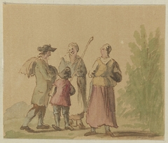 Een man, twee vrouwen en een kind staand in een landschap by Unknown Artist
