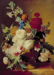 Flowers in a vase on a marble slab