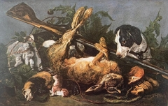 Game still life in a landscape with dog
