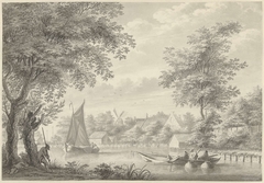 Gezicht op de Schinkel met een zeilschip en een visser by Gerard van Rossum 1698-99-1772