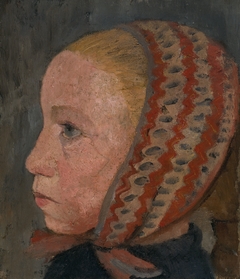 Girl's head with a striped cap in profile to the left