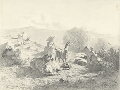 Herderin met geiten en schapen in bergachtig landschap by Albert Gerard Bilders
