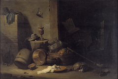 Interieur met keukengerei en een hond by David Teniers the Younger