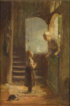 Interieur met meisje en een vrouw leunend over een onderdeur by Henricus Johannes Melis